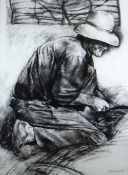 KEITH BOWEN charcoal - kneeling Amish man cutting corn, signed & dated 1988, 100 x 65cms