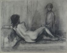 HARRY HOLLAND charcoal - life-drawing of a nude with the artist's reflection, signed, 41 x 52cms