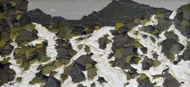 STEPHEN JOHN OWEN oil on board - fast flowing waterfall and mountain, signed with initials, 27 x