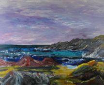 SION McINTYRE acrylic on board - rocky coastal scene, signed & entitled verso 'Porth Cwyfan, Ynys