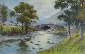 WARREN WILLIAMS ARCA watercolour - Snowdonia river with historic bridge, signed lower right, 29 x