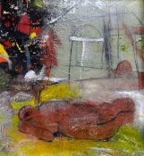 PAUL REES FRSA mixed media on panel - semi-abstract church yard scene with reclining figure,