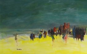 DONALD McINTYRE acrylic & oil on board - figures at the beach, entitled verso 'Beach Scene III' with