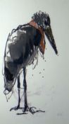 SIR KYFFIN WILLIAMS RA pen wash & oil on paper - depicting standing Malibu stork, signed initials