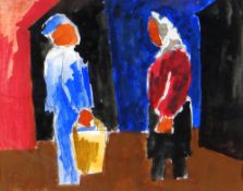 JOSEF HERMAN RA watercolour & pencil - two standing figures, entitled verso on Albany Gallery