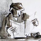 MIKE JONES mixed media - figure at a table reading a newspaper, signed, 15 x 15cms