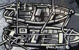 HOWELL DAVIES monochrome acrylic - two fishing boats entitled verso 'Boats', signed, 13 x 20cms