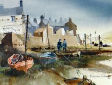 MALCOLM EDWARDS watercolour - harbour scene with cottages, figures & boats, signed, 17 x 22cms
