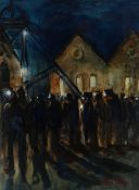 VALERIE GANZ gouache - crowd of colliery workers at dusk, signed, 45 x 32cms
