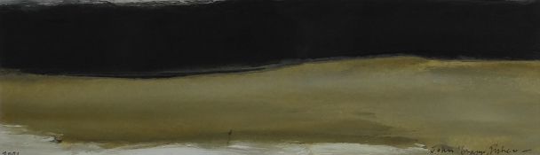 JOHN KNAPP FISHER mixed media - stark coastal view entitled verso 'Skyline & Water', signed &