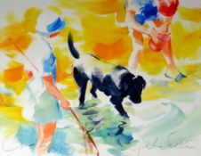 JAKE SUTTON watercolour - colourful seaside scene depicting figures & dog, entitled to front '
