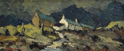 CHARLES WYATT WARREN oil on board - white washed farm cottage and outbuilding with mountains under a