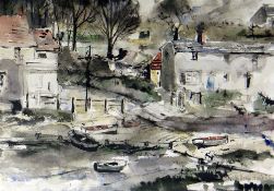 JOHN KNAPP FISHER watercolour - fishing village scene entitled verso on Harbour Lights Gallery label