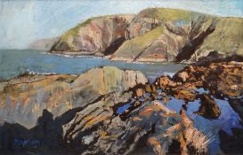 MEIRION JONES acrylic on board - colourful coastline scene, entitled 'Ceibwr' on Washington