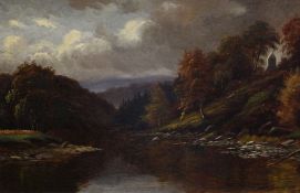 SYDNEY BROAD oil on canvas - river with church near bank, signed, 34 x 51cms