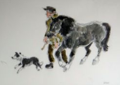 SIR KYFFIN WILLIAMS RA watercolour & pencil - farmer with horse & sheep dog, entitled verso on