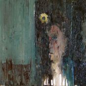 CARL MELEGARI oil - depicting abstract portrait of a miner, entitled verso on Kooywood Gallery label