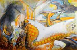 RICHARD O'CONNELL acrylic on canvas - surreal maritime with harlequin & sharks breeching entitled