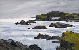 DAVID BARNES oil on board - coastal landscape, signed & entitled verso 'Rocks Near Trearddur', 50