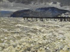 EDWIN (ED) FORREST oil on board - Colwyn Bay Pier & rough seas, signed, 22 x 30cms