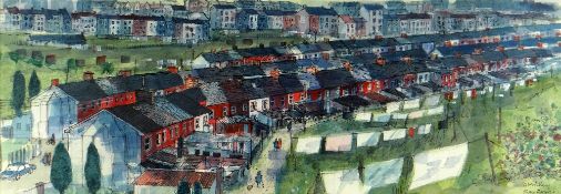 RAY EVANS watercolour - South Wales valleys street scene from above with numerous terraced