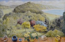 FELICITY CHARLTON oil on board - 1993, Porthkerry beach scene with studies of objects at forefront