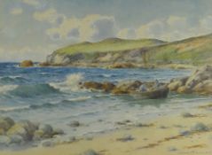 WARREN WILLIAMS ARCA watercolour - Anglesey coastal cove with two figures in a boat, signed, 26.5