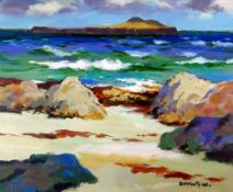 DONALD McINTYRE acrylic - sunny coastal scape with distant island, signed in full & entitled
