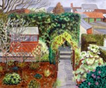 ANN REES oil on board - garden scene entitled verso 'View From the Artist's Window', signed &
