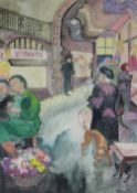 CLAUDIA WILLIAMS watercolour - shopping arcade scene with numerous figures & lady with a dog,