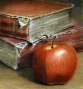 STEPHEN ALLAN GRIFFITHS watercolour - still life of fruit and books, entitled verso 'Alluricity