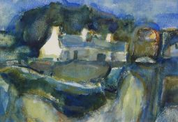 WILL ROBERTS watercolour - white washed cottage in Pembrokeshire landscape, entitled verso on