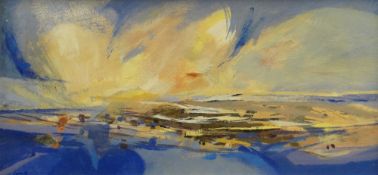 RONALD LOWE oil on board - blue landscape with yellow and blue sky, signed, 24 x 49cms