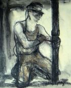 VALERIE GANZ charcoal - single miner erecting scaffold on knees, signed, 25.5 x 20cms