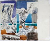 ERIC MALTHOUSE watercolour & ink - semi-abstract grid with figure releasing birds, signed, 19 x