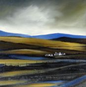 JOHN CLEAL oil on canvas - landscape with remote cottage entitled verso 'Preseli Foothills', signed,