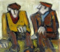 MIKE JONES mixed media - seated figures, entitled verso 'Two Men Talking', signed, 23 x 24cms