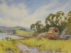 JOHN ABERNETHY LYNAS-GRAY watercolour - coastal scene near Beaumaris with two-wheeled caravan &