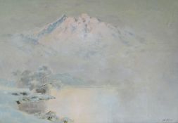 ALFRED OLIVER oil on board - Moel Siabod at dawn, signed & with original title verso, 17 x 24.5cms