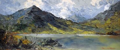 CHARLES WYATT WARREN oil on board - Snowdonia lake with silver-birch trees, signed, 23.5 x 54cms