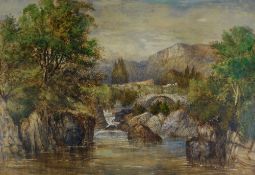 MANNER OF DAVID COX watercolour - river scene with gauge & bridge and timber cart with horses on the