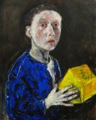 SHANI RHYS JAMES MBE oil on linen - half self-portrait holding model building, entitled on Martin