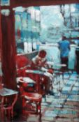 MEIRION JONES acrylic on board - cafe scene with man at counter & man seated, 9 x 19cms