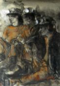 VALERIE GANZ charcoal and pastel - seated miners with their helmet torches illuminated, entitled '