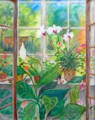 ANN REES acrylic on canvas - botanical study in window, entitled verso 'In the Conservatory', signed