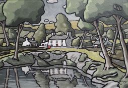 ALAN WILLIAMS acrylic on canvas - entitled 'Pool Cottage', signed, 40.5 x 58.5cms