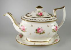 A NANTGARW PORCELAIN TEAPOT, COVER & STAND of of oval bellied form and with mushroom finial,