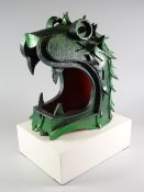 FRANK ROPER ARCA aluminium sculpture on wooden plinth - painted head of dragon with mouth open and