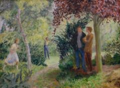 FELICITY CHARLTON oil on board - figures in garden, entitled verso 'The Garden', signed verso, 45