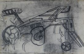 GWILYM PRICHARD charcoal - study of an old farm implement, signed, 18.5 x 29cms